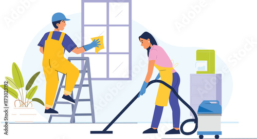 An efficient cleaning staff illustration for commercial use, showcasing professional cleaners in uniform using modern cleaning equipment like vacuum cleaners, mops, and sanitizing sprays