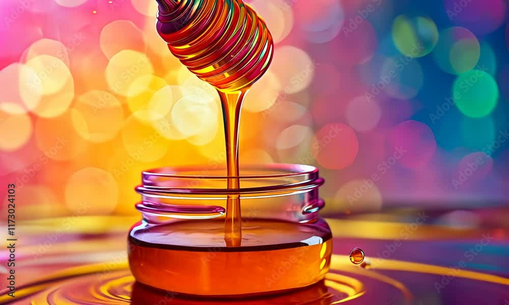 Golden honey dripping from wooden dipper into jar.