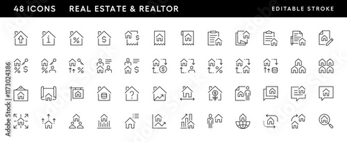 Real estate and realtor icon collection. Property, mortgage, house loan, house rent, rent cost, ownership and more.