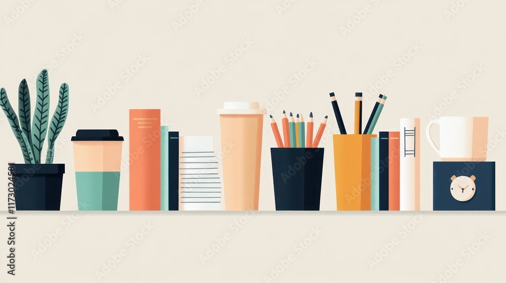 Obraz premium Office supplies, books, and plant on shelf.