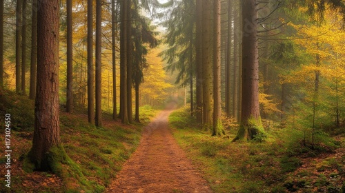 Wallpaper Mural A serene forest path surrounded by trees and autumn foliage, inviting exploration and tranquility. Torontodigital.ca