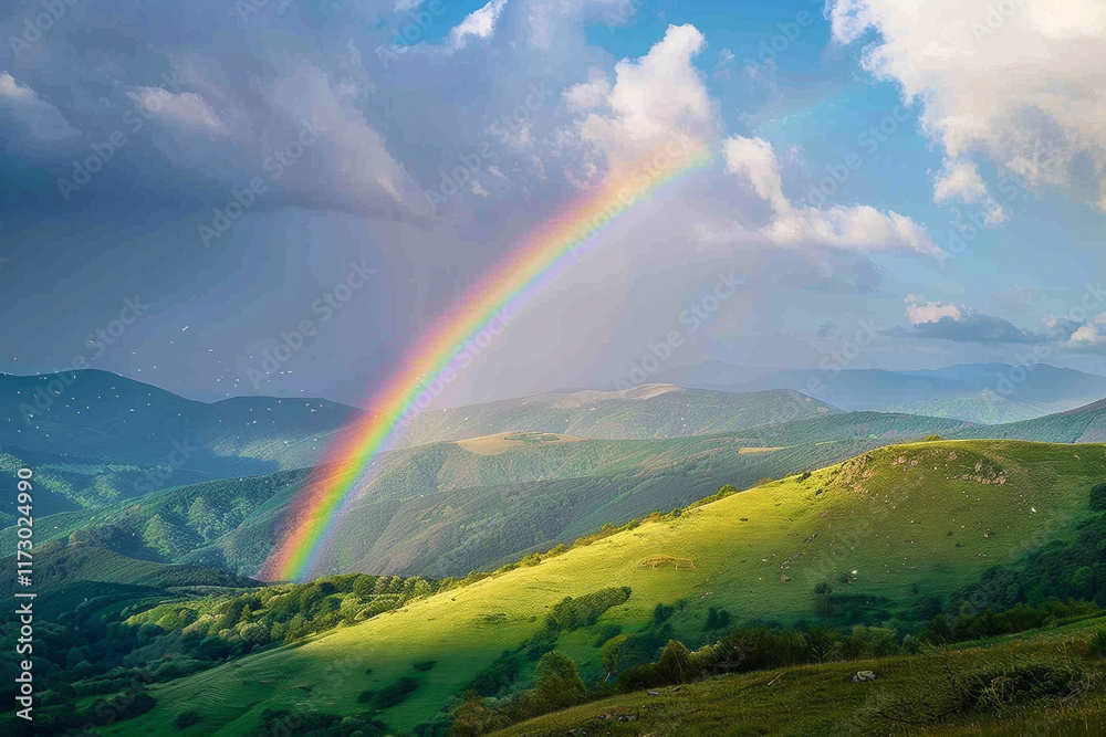 Obraz premium A rainbow is seen in the sky above a lush green field