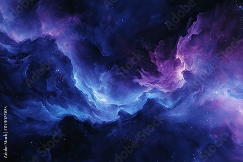 Abstract digital painting of cosmic waves and nebulous clouds, blending dark blues, purples, and blacks, minimal background with copy space photo