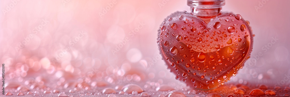 Fototapeta premium A transparent heart-shaped red glass bottle with water droplets placed against a soft pink bokeh background. Concept of passion, love, and Valentine's Day