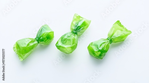 Three green-wrapped candies neatly arranged and isolated against a clean white background, showcasing their glossy packaging and smooth texture. photo