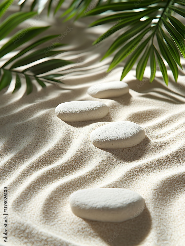 Obraz premium White stones path in wavy sand with palm leaves.