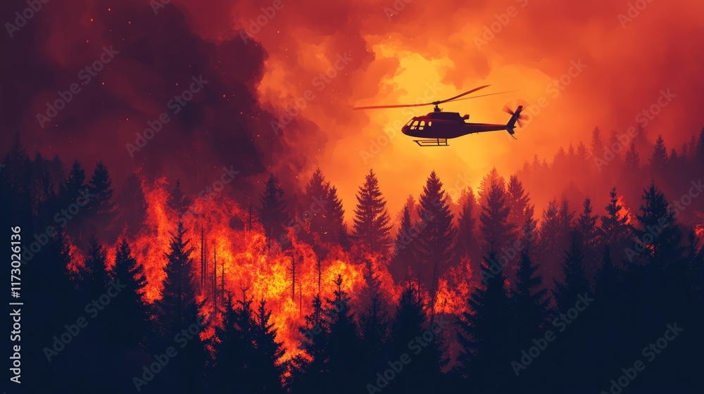 Fototapeta premium Helicopter fighting forest fire in nature. The burning flames are engulfing the trees