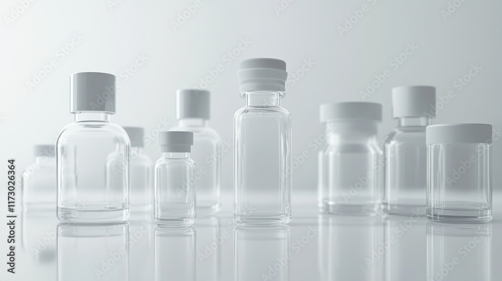 Clear glass bottles with white caps on white background. Clear glass bottles with white caps on white background.