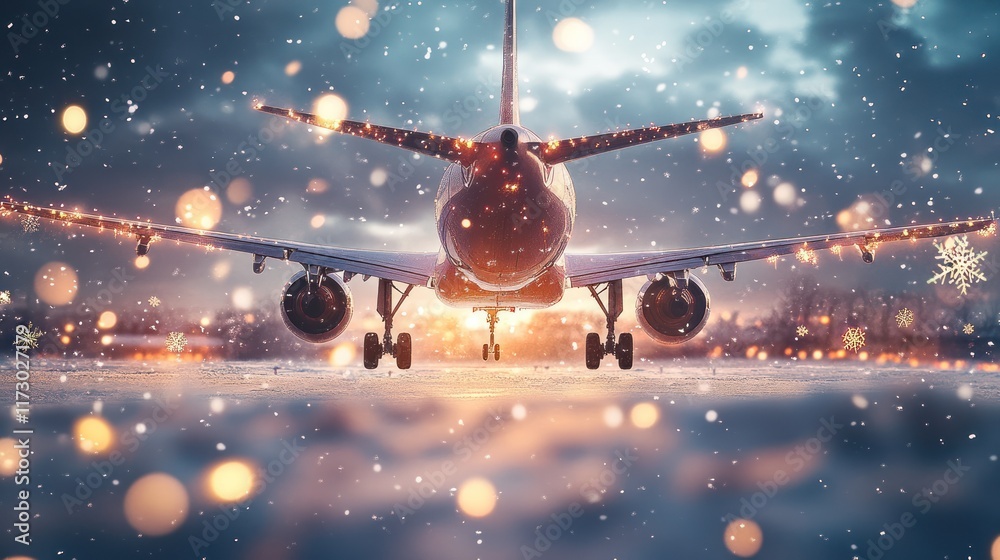 Naklejka premium Airplane on a snowy runway during a winter sunset.