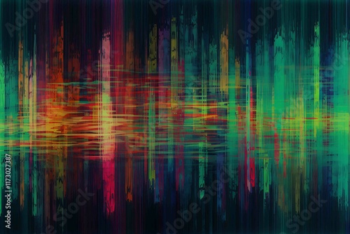 an abstract background with a digital noise effect  creating a glitchy and futuristic feel with random pixel-like colors and movement