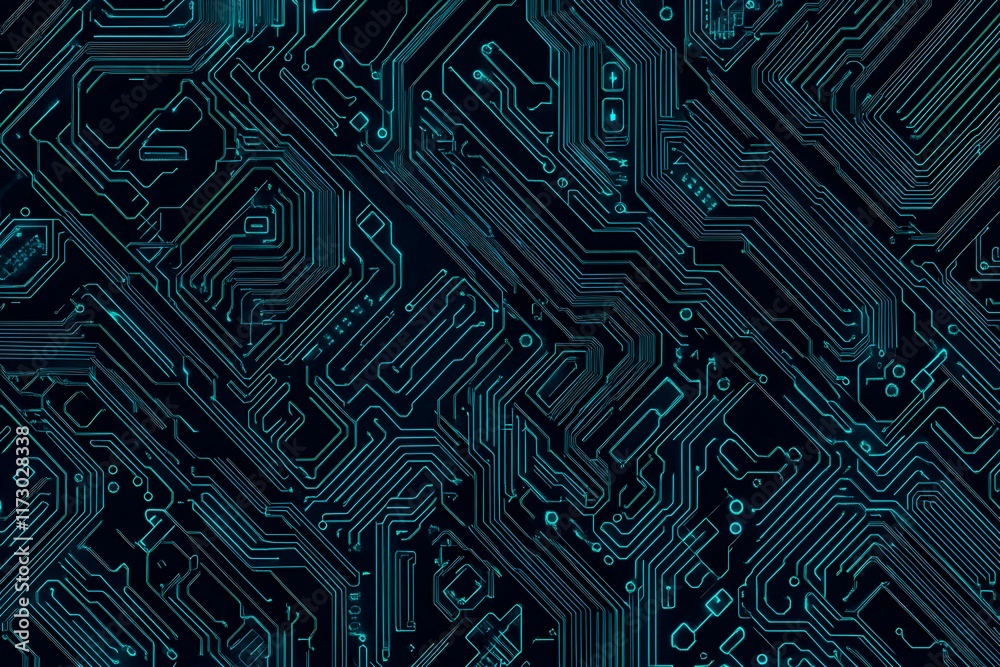 Abstract close-up of a glowing blue digital circuit board, showcasing intricate connections and technological design on a black background.
