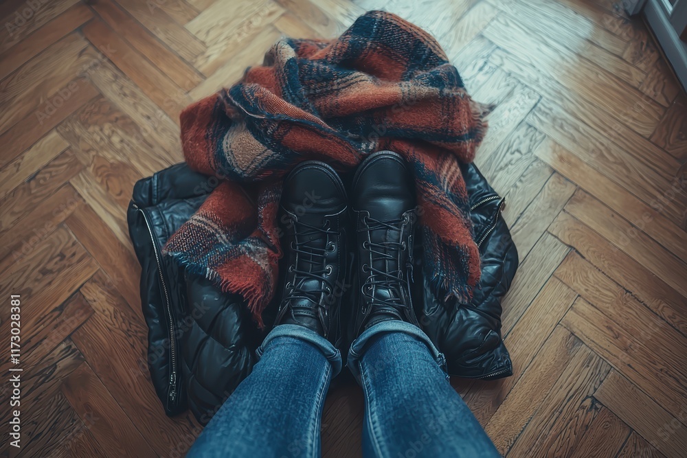 Casual fall fashion flat lay trendy outfit with leather jacket home setting lifestyle content cozy environment aesthetic viewpoint Casual fall fashion flat lay trendy outfit with leather jacket home setting lifestyle content cozy environment aesthetic viewpoint