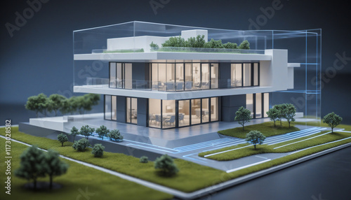 House scanning by ai - A modern hologram technology less house, house are controlled by Al, scanning the house with sensors