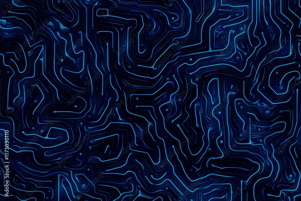 Obraz premium Abstract close-up of a glowing blue digital circuit board, showcasing intricate connections and technological design on a black background. 