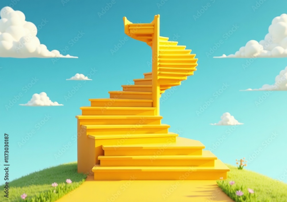Fototapeta premium Spiral staircase leads to bright blue sky in a surreal landscape during daytime