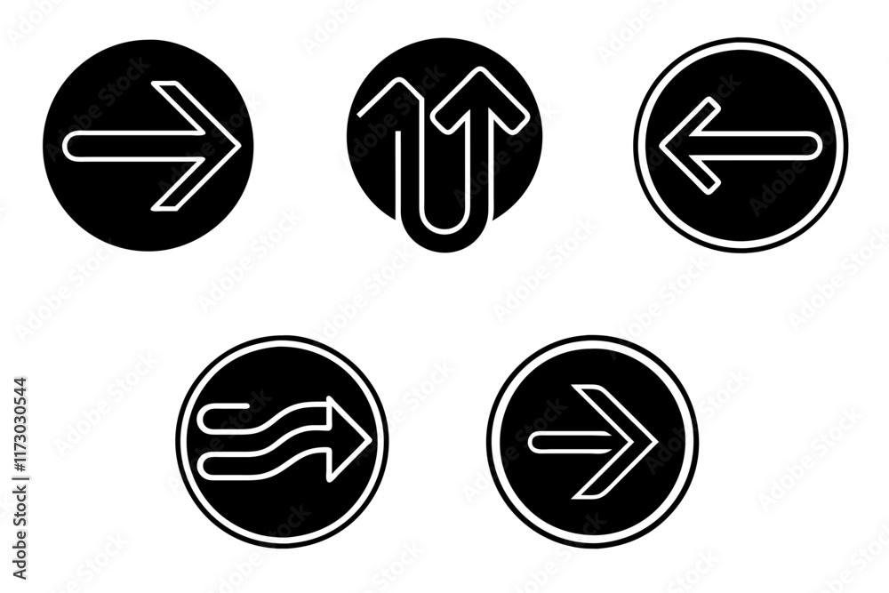 Set of 5 icons with various arrow designs, thin white outline on black circle background, high resolution Set of 5 icons with various arrow designs, thin white outline on black circle background, high resolution