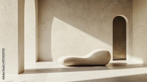 A minimalist interior space featuring a sculptural lounge piece and soft natural lighting.