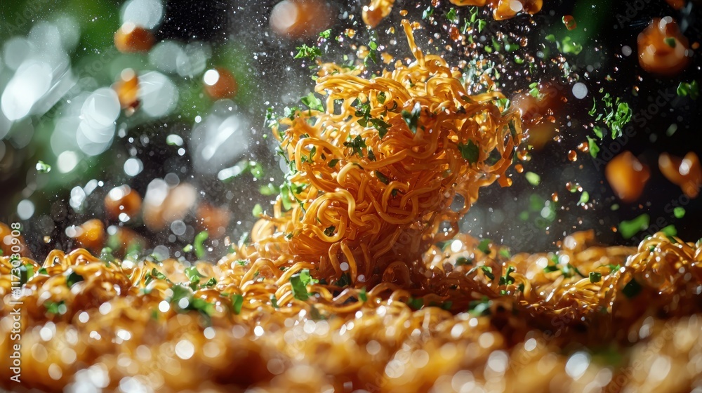 Fototapeta premium Delicious instant noodles swirling with broth and herbs in vibrant mid-air motion