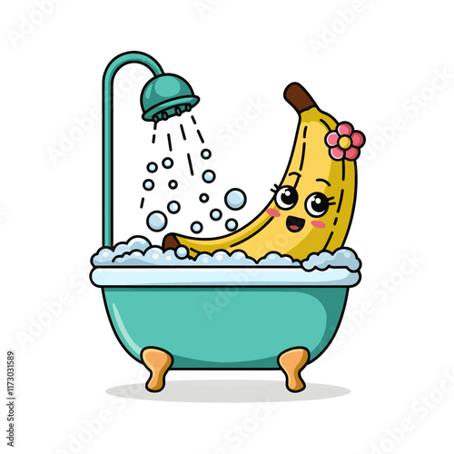 An animated illustration of a cute banana character taking a bath in a teal-colored bathtub filled with bubbles