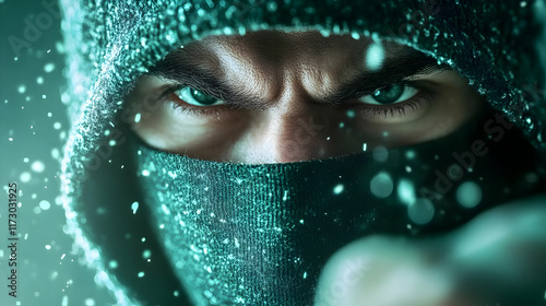 Angry hooded man, eyes intense, winter setting, dark background, possible use for thriller movie poster