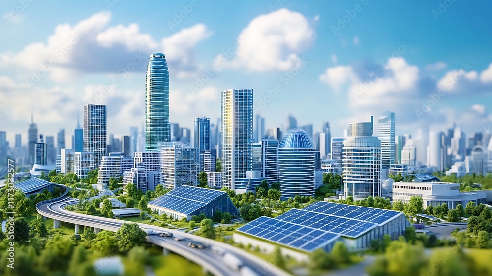 Obraz premium A futuristic cityscape with solar panels covering every building, generating enough energy to power the entire metropolis. 