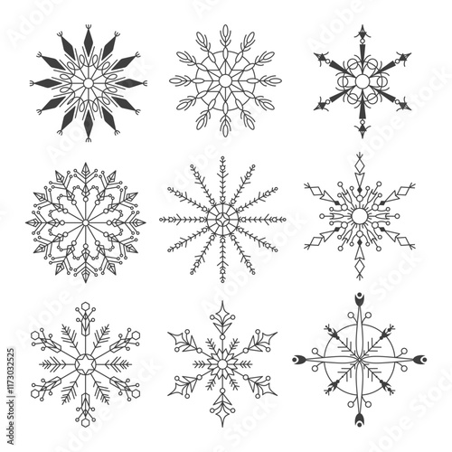 Vector snowflakes. Set of winter sign or wintertime icon. Ornamental or decorative Ice crystal for festive or holiday. Cold weather icy flakes shapes. Unique frozen symmetry. Nature, seasonal weather.