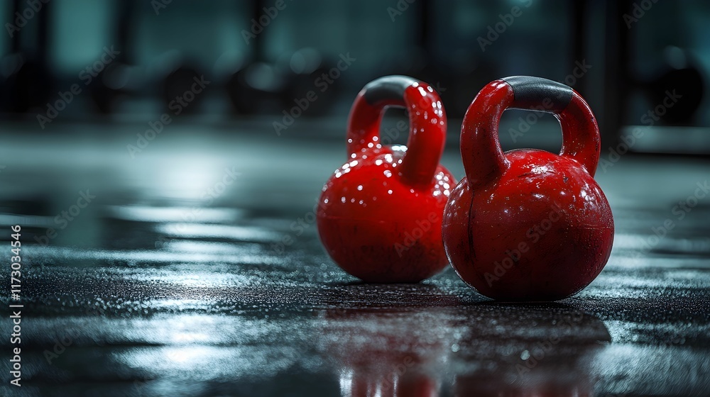 Naklejka premium kettlebell, sprzęt siłowy, trening fitness, siłownia, podłoga gumowa, czarne tło, czerwień, dynamiczny kadr, motywacja sportowa, minimalizm, nowoczesna siłownia, sprzęt do ćwiczeń, sportowe akcesoria,