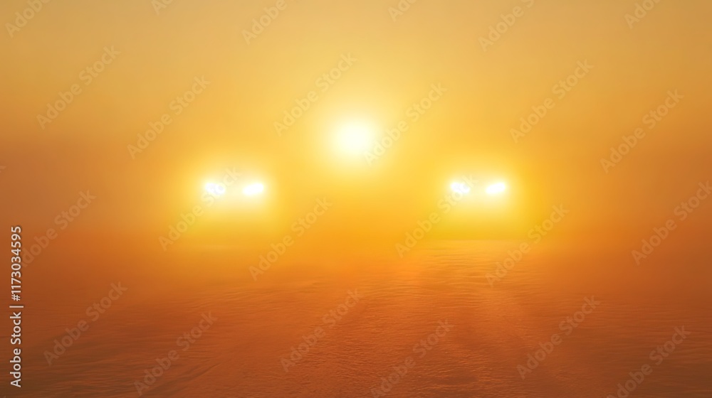 Car headlights cutting through dense fog at sunset, creating a hazy, warm, and atmospheric scene. Car headlights cutting through dense fog at sunset, creating a hazy, warm, and atmospheric scene.