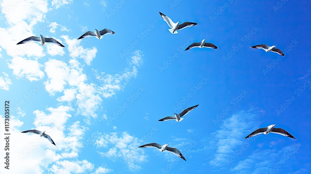 Fototapeta premium A flock of birds soaring through a bright blue sky with scattered clouds.