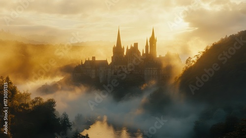 Majestic castle shrouded in morning mist, golden sunrise illuminating ancient stone structure atop a hill. photo