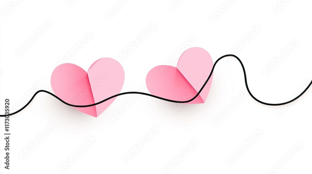 Fototapeta premium Romantic vector illustration of two pink paper hearts connected by a black line on a white background, symbolizing love, unity, and connection in minimalistic design.