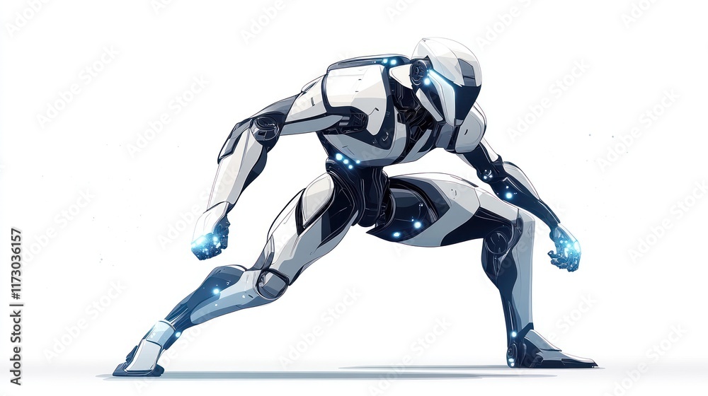 Futuristic robot in a crouching pose, ready for action, with glowing blue accents against a white background.