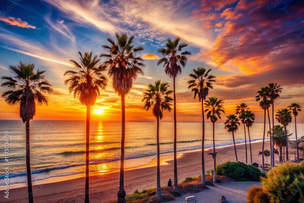 Obraz premium 80s California Sunset: Retro Palm Trees and Ocean View