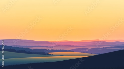 Serene sunrise over rolling hills and valleys.