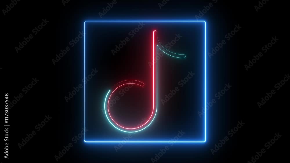 A glowing neon music icon animation with pulsating beats Vibrant colorful waves ripple through a glowing speaker or note symbol, syncing rhythmically to create a dynamic, electrifying music experience