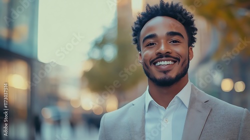 Professional a video call with a blurred modern background wearing businesscasual attire photo