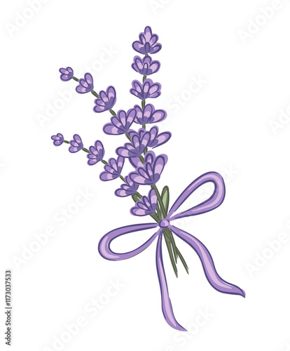 Hand drawn lavender bouquet with a ribbon, showcasing delicate details and vibrant colors isolated on white