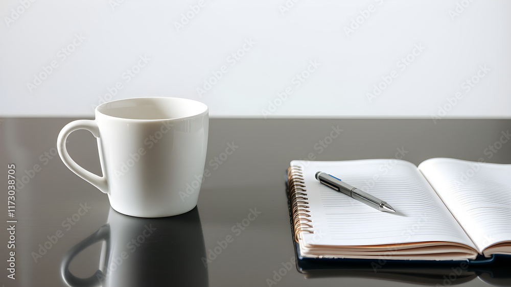 A white coffee cup sits on a table next to a notebook A white coffee cup sits on a table next to a notebook