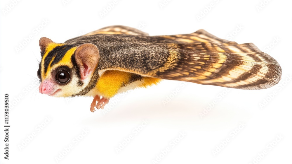 A flying sugar glider with distinctive markings in mid-air. A flying sugar glider with distinctive markings in mid-air.