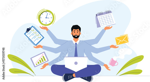 A time management skills illustration for business success, featuring a professional balancing tasks with a clock, calendar, and to-do list, highlighting effective prioritization