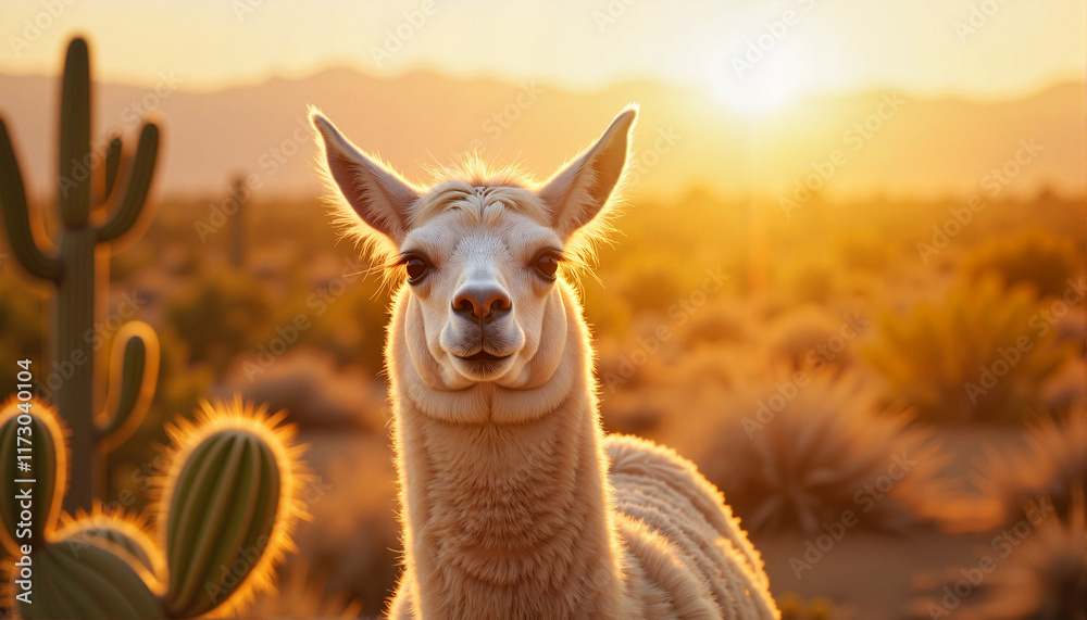 Obraz premium Playful llama peeking from behind cactus in golden hour desert, joy