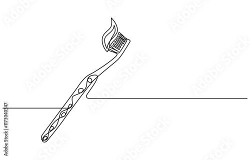 Continuous one line drawing of toothbrush and toothpaste, one line art toothbrush and toothpaste vector illustration. line art, one continuous line, Continuous line drawing toothbrush with toothpaste