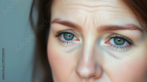 Woman's frown line wrinkles between eyebrows. Generative AI