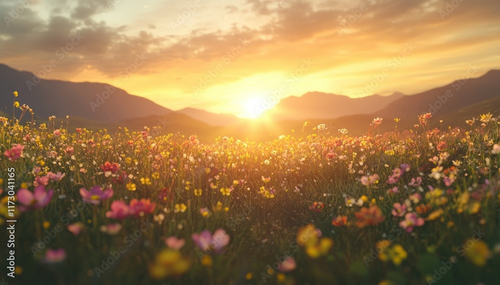 Obraz premium Golden Hour Blooms, A Vibrant Field of Wildflowers Bathed in the Warmth of a Mountain Sunset, Casting a Hazy and Serene Glow Over the Landscape