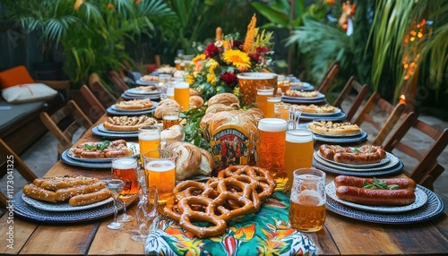 Oktoberfest Feast, A bountiful spread of pretzels, sausages, and beer on a rustic wooden table surrounded by lush greenery, photo