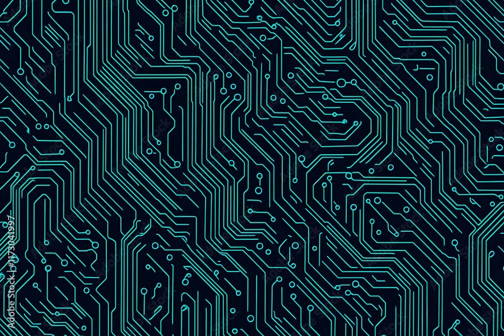 Obraz premium Abstract close-up of a glowing blue digital circuit board, showcasing intricate connections and technological design on a black background. 