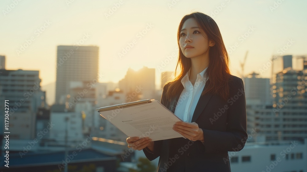 A professional woman holding a report in her hands, standing outdoors with a modern cityscape as the backdrop and soft natural light A professional woman holding a report in her hands, standing outdoors with a modern cityscape as the backdrop and soft natural light