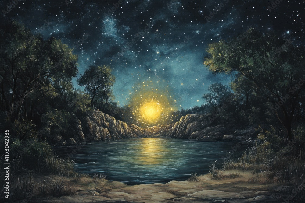 Serene Night Scene Over Water With Starry Sky
