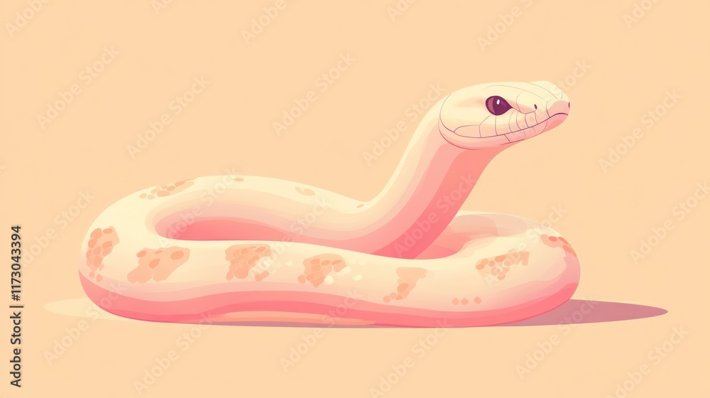 Fototapeta premium Pink albino snake coiled, pastel colors, illustration.