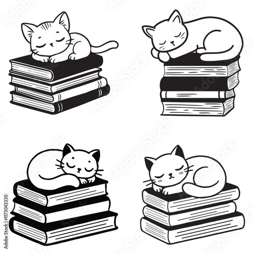 Cute Sleepy Cat on Stack of Books Vector illustration, Pet Sleep On Books ClipArt Design Bundle
